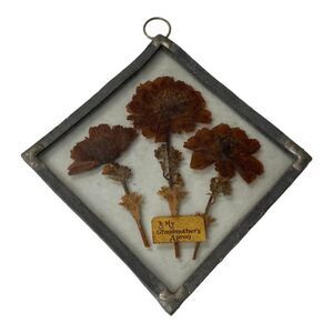 Vtg Handmade Pressed Flowers in Pewter Glass Frame Hanging SunCatcher 6” Square